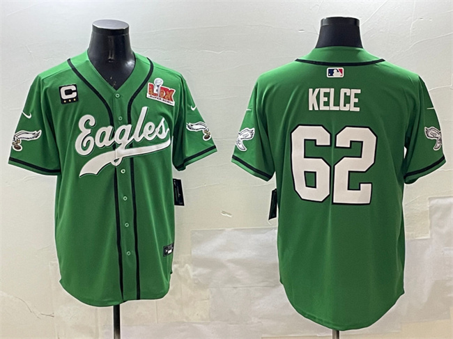 Men's Philadelphia Eagles #62 Jason Kelce Green 2025 Super Bowl LIX And 3-Star C Patch Stitched Baseball Jersey Men's Philadelphia Eagles #62 Jason Kelce Green 2025 Super Bowl LIX And 3-Star C Patch Stitched Baseball Jersey